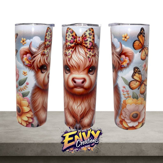 Highland Cow Tumbler with Leopard Bow, Butterflies & Floral Design – 20oz Stainless Steel Tumbler