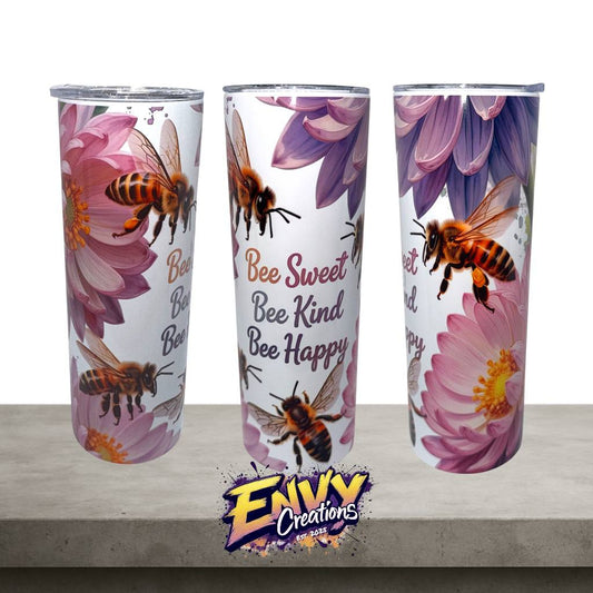 Bee Sweet, Kind & Happy Floral Bee – 20oz Stainless Steel Tumbler